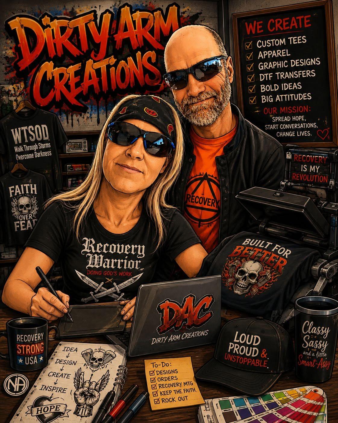 Illustrated Dirty Arm Creations studio portrait featuring the Artist and her husband surrounded by apparel and design work.